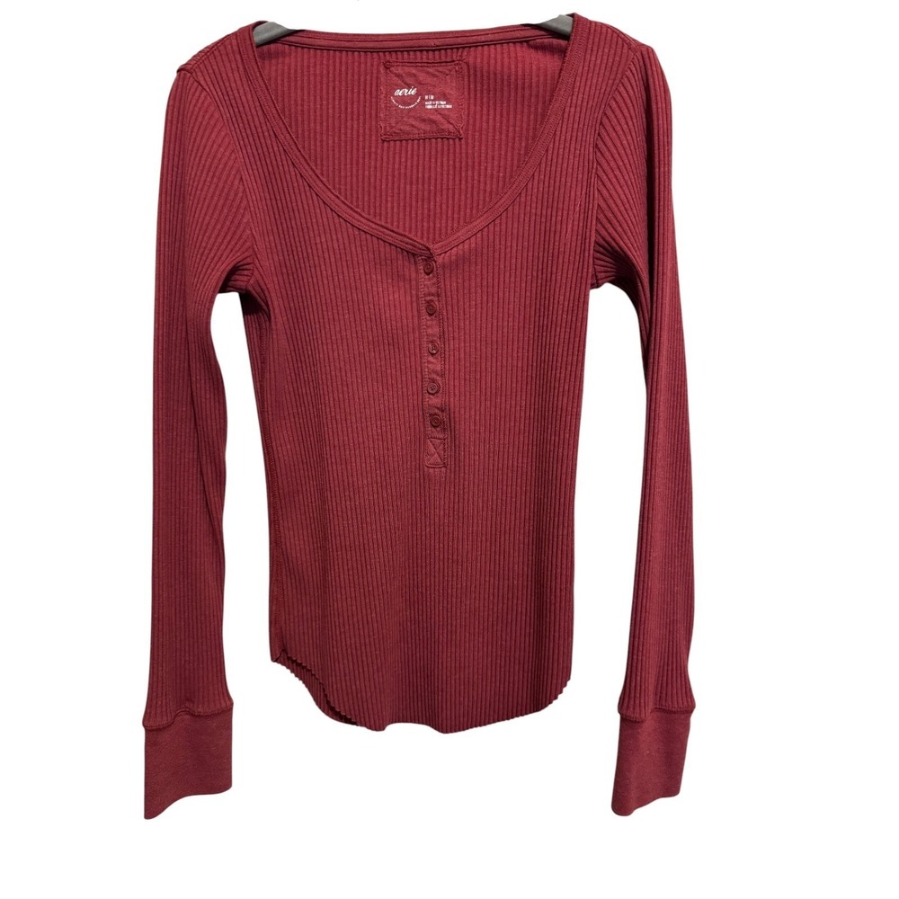 Aerie Henley Top Womens Size Medium Cherry Tart Ribbed Long Sleeve Casual Basic